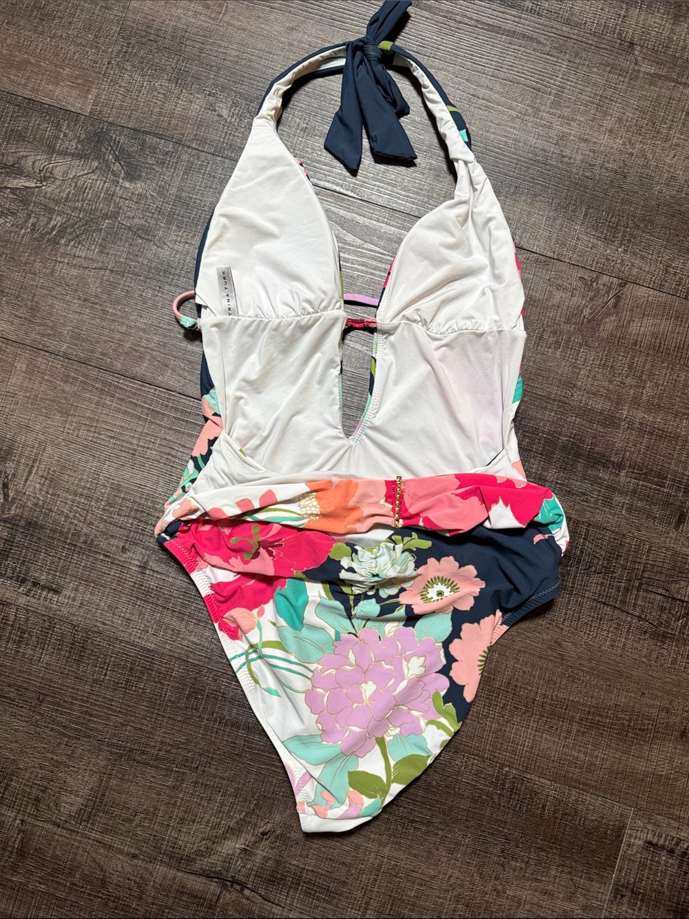 Trina Turk Navy White Pink Coral Floral Halter One-Piece Swimsuit - Picture 4 of 7